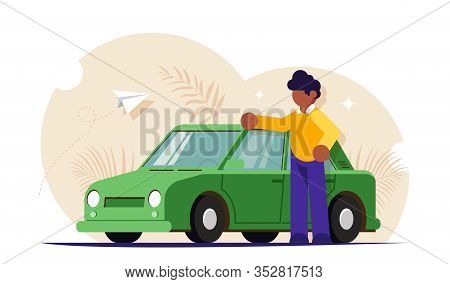 Happy Motorist Concept. People Stands Next To His Red Car. Buying Or Service For Cars. Modern Flat V