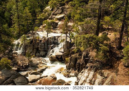 Scenic Early Spring Landscapes With Small Waterfalls And Rocks Around In Yosemite National Park, Yos