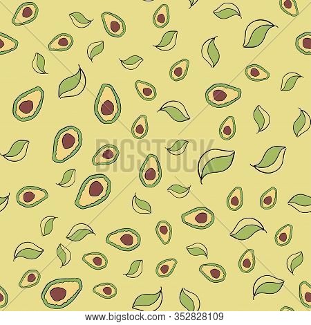 Avacado, Fruits And Leaves, On A Yellow Background Seamless Chaotic Pattern