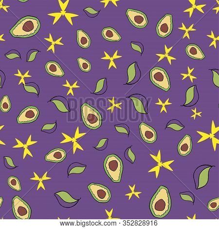 Avacado, Fruits And Leaves, On A Purple Background Seamless Chaotic Pattern Cute Doodle, For Fabric 
