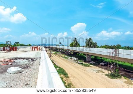 Unfinished Of Construction Of The Large Concrete Bridge Of The Motorway Elevation For The Developmen