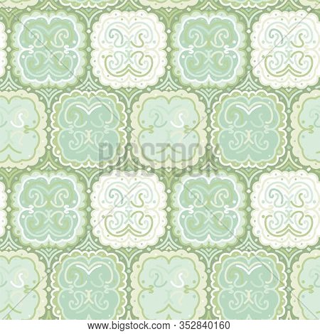 Abstract Square Tiles Mosaic Seamless Vector Pattern In Pale Mint And Jade Green Colors. Geometric S