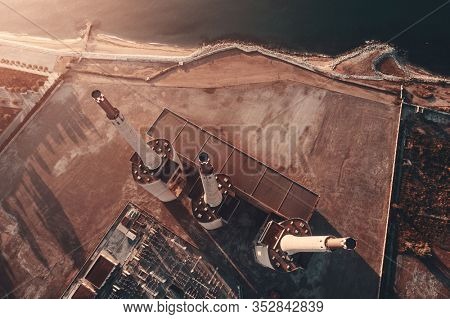 Besos thermic power plant straight down view from above in Barcelona in Spain.