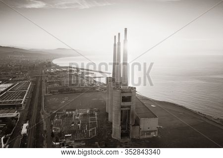 Besos thermic power plant aerial view in Barcelona coast Spain.