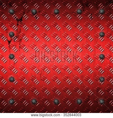 Red Grunge Metal And Rust Plate With Screw. 3d Illustration For Background And Texture.