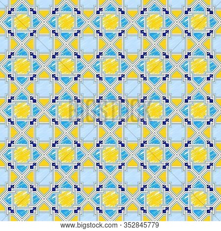 Blue And Yellow Vector Geometric Sketch Seamless Pattern