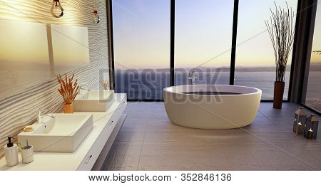 Luxury 3d Bathroom Illustration With Double Wash Basin. High Key Ceramic And Round Bath Tub With Big