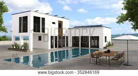 3d Illustration Of Modern Luxury House With Large Rectangular Swimming Pool. Property Equipped With 
