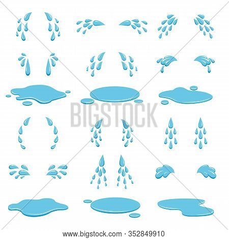 Tears With Puddles. Cartoon Crying Teardrops Isolated On White Background, Comic Weeping Cry Dews, S