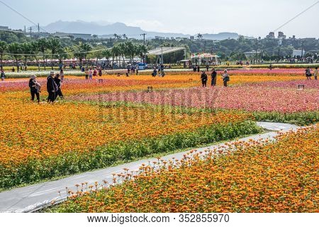 Daxi, Taiwan - November 15th, 2019: tourists walk at the garden in Daxi event of Taoyuan Flower Festival in Taoyuan, Taiwan, Asia