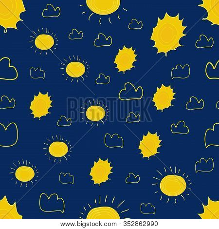 Sun Seamless Pattern Vector. Cartoon Seamless Pattern With Sun. Cute Vector Colorful Seamless Patter