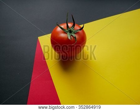 Red Tomato Ingredients Isolated On Colored Background. Seasonal Vegetables In Modern Style. Copy Spa
