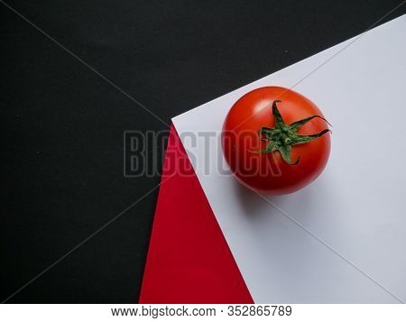 Red Tomato Ingredients Isolated On Colored Background. Seasonal Vegetables In Modern Style. Copy Spa