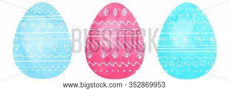 Watercolour Easter Eggs Of Different Colors With White Hdnd Drawn Doodles. Simple Doudle Elements On
