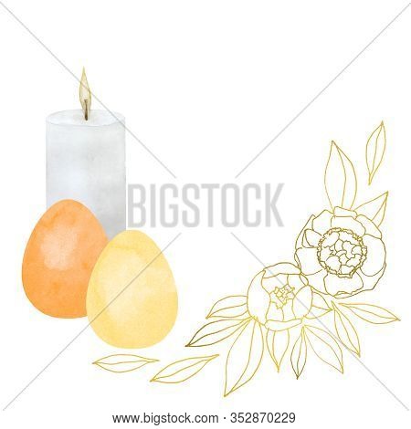 Easter Composition With Burning Candles And Two Painted Eggs And Floral Ornament. Arrangement For Ca