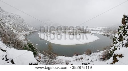 Panoramic View Of Arda River In Rodopi Mountains. Kardzali Province, Bulgaria, In Snowy Winter Day