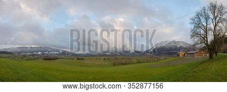 Panoramic View Of Snow Covered Grimming Mountain In Ennstal, Steiermark, Austria