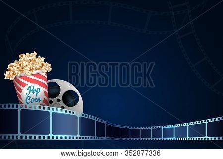 Film Strip Frame In Wave Form With Popcorn Box. Modern Cinema Background. Film Template With Space F