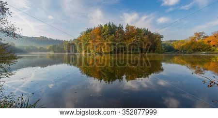 Autumn Morning At Lake Thal Near Graz, Styria Region, Austria. Panoramic View.