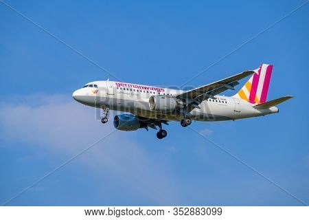 Zurich, Switzerland - July 19, 2018: Germanwings airlines airplane preparing for landing at day time in international airport, clear blue sky