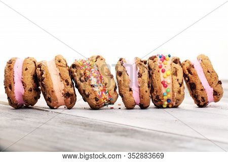 Ice Cream Sandwiches With Strawberry And Chocolate. Chocolate Chip Cookie Ice Cream Sandwich