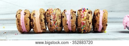 Ice Cream Sandwiches With Strawberry And Chocolate. Chocolate Chip Cookie Ice Cream Sandwich