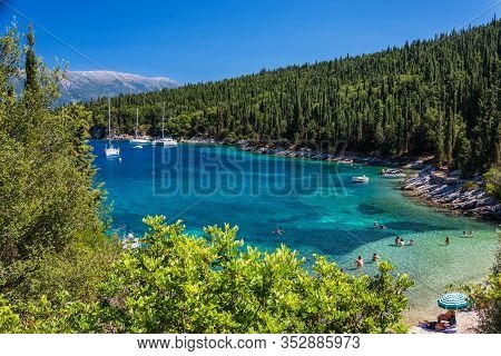 8.27.2014 - Boats And Crystall Blue Water On Kamini Beach, Greece, Kefalonia Island