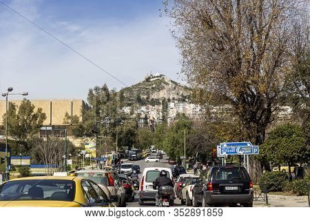 02/26/220. City Of Athens, Greece. Modern View Of Vasileos Constantinou Avenue, Cars, Motorcycles An