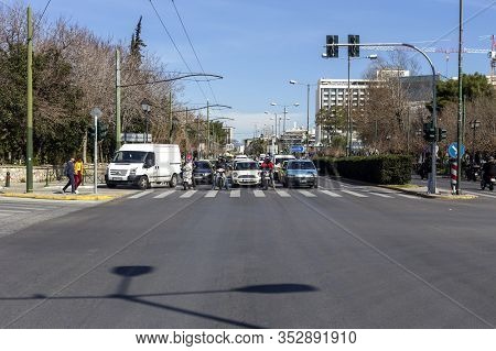 02/26/220. City Of Athens, Greece. Modern View Of Vasileos Constantinou Avenue, Cars, Motorcycles An