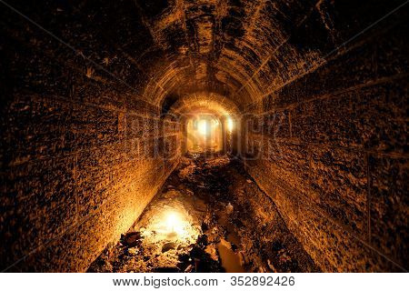 Dark And Creepy Old Historical Vaulted Flooded Underground Drainage Tunnel