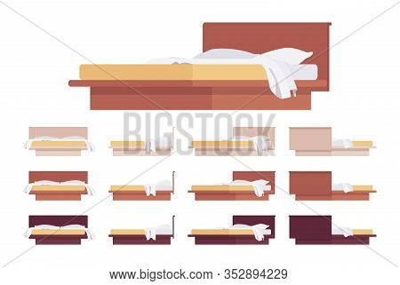 Modern Bed Wood Furniture Platform With Headboard And Linen. Pillow, Comfortable Blanket, Mattress F