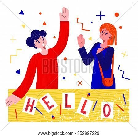 Vector Flat Illustration Young Man And Woman Greeting Each Other For Their Further Creative Work Tog