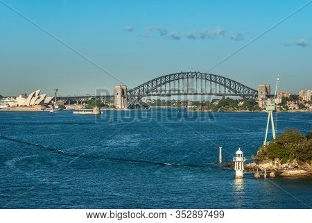 Sydney, Australia - December 11, 2009: Long Shot With Opera House And Harbour Bridge, Metal Span, Bo
