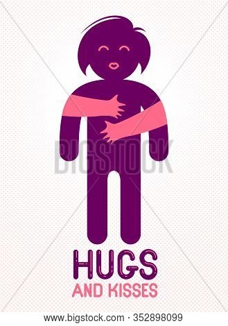 Hugs And Kisses With Loving Hands Of Beloved Person And Kissing Lips, Lover Woman Hugging Her Mate A