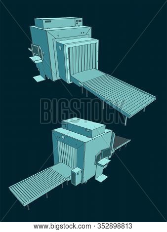 X-ray Baggage Scanner Cartoon Illustrations