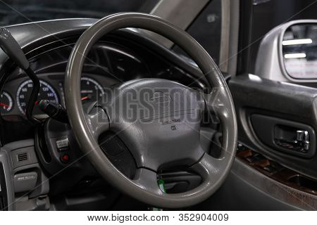 Novosibirsk, Russia - January 31, 2020:  Nissan Presage,  Black Luxury Car Interior - Dashboard, Pla