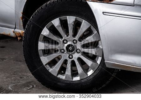 Novosibirsk, Russia - January 31, 2020:  Nissan Presage, Car Wheel With Alloy Wheel And New Rubber O