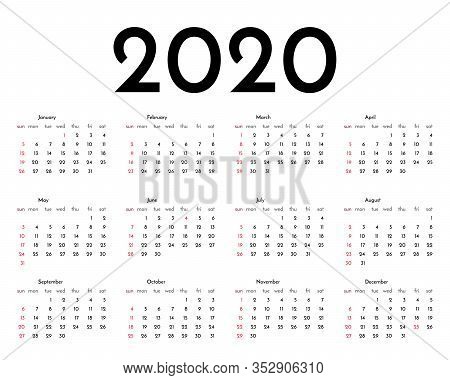 Calendar 2020 Template. Tradicional Calendar. Calendar Starts Sunday. Vector Illustration