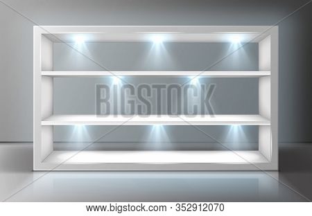 Glass Wall Display Case Frame With Shelves In Empty Exhibition Room Realistic Vector. Transparent Sh