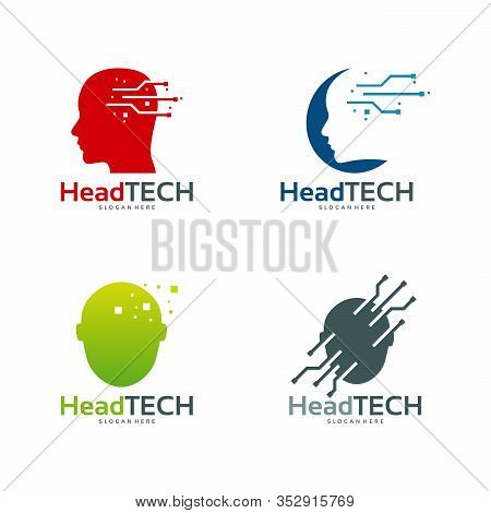Set Of Head Tech Logo, Pixel Head Logo Concept Vector, Robotic Technology Logo Template Designs Vect