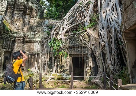 Angkor Thom, Cambodia : October-05-2016 : Photographer Take A Photos Of The Big Spung Tree Root Cove
