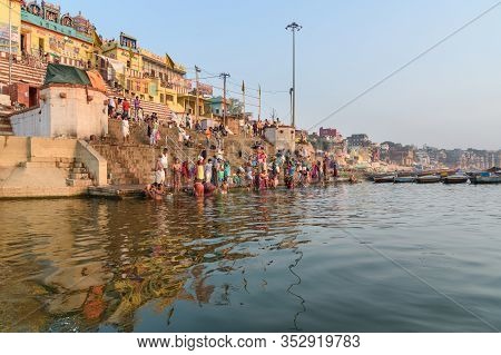 Varanasi, India - March 18, 2019: View Of Kedar Ghat On The Ganges River In The Morning