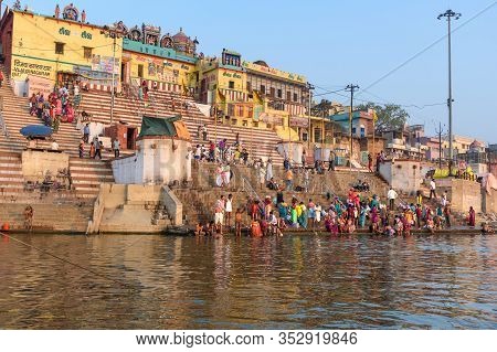 Varanasi, India - March 18, 2019: View Of Kedar Ghat On The Ganges River In The Morning