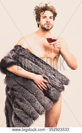 Rich Athlete Enjoy His Life. Richness And Luxury Concept. Sexy Sleepy Rich Macho Tousled Hair Drink 