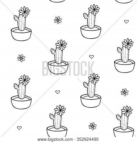 Seamless Pattern Of Cactus In A Pot. Hand-drawn Doodle Outline Home Succulents With Flowers. Backgro