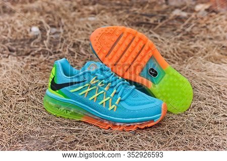 Nike Air Max 2015 Running Shoes, Sneakers, Trainers In Blue Green Orange Colorway Shot Outdoors On N