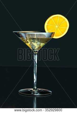 3d Illustration Of Martinii Glass Lemon Slice On Dark Background