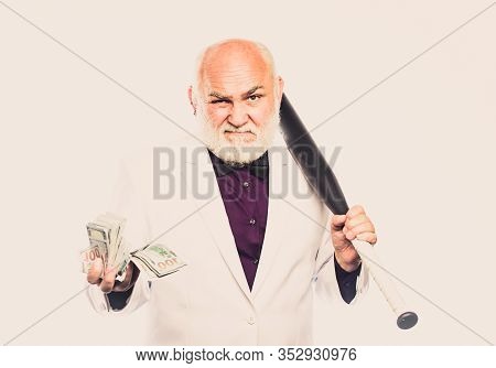 Black Cash Money. Senior Man Hold Cash Money And Baseball Bat. Richness Wellbeing. Money Profit. Per
