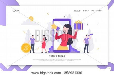 Refer A Friend Flat Style Design Vector Illustration Landing Page Concept. Woman With Megaphone And 