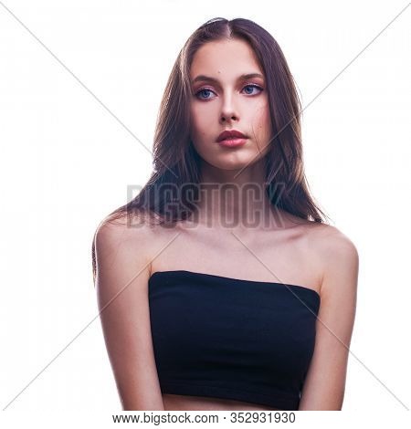 Make up beauty. Portrait of a young beautiful girl isolated on white background